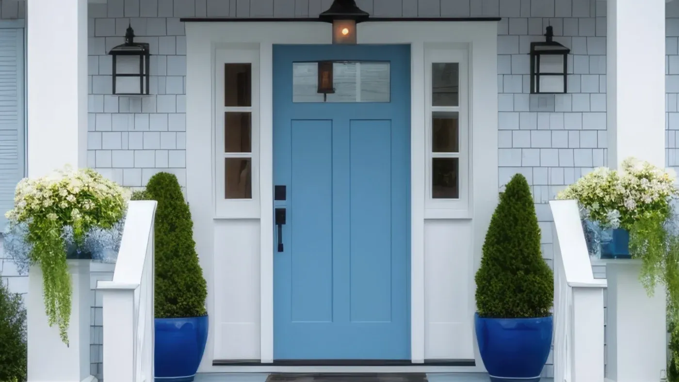 A blue door with glass in a home with blue siding and white trim