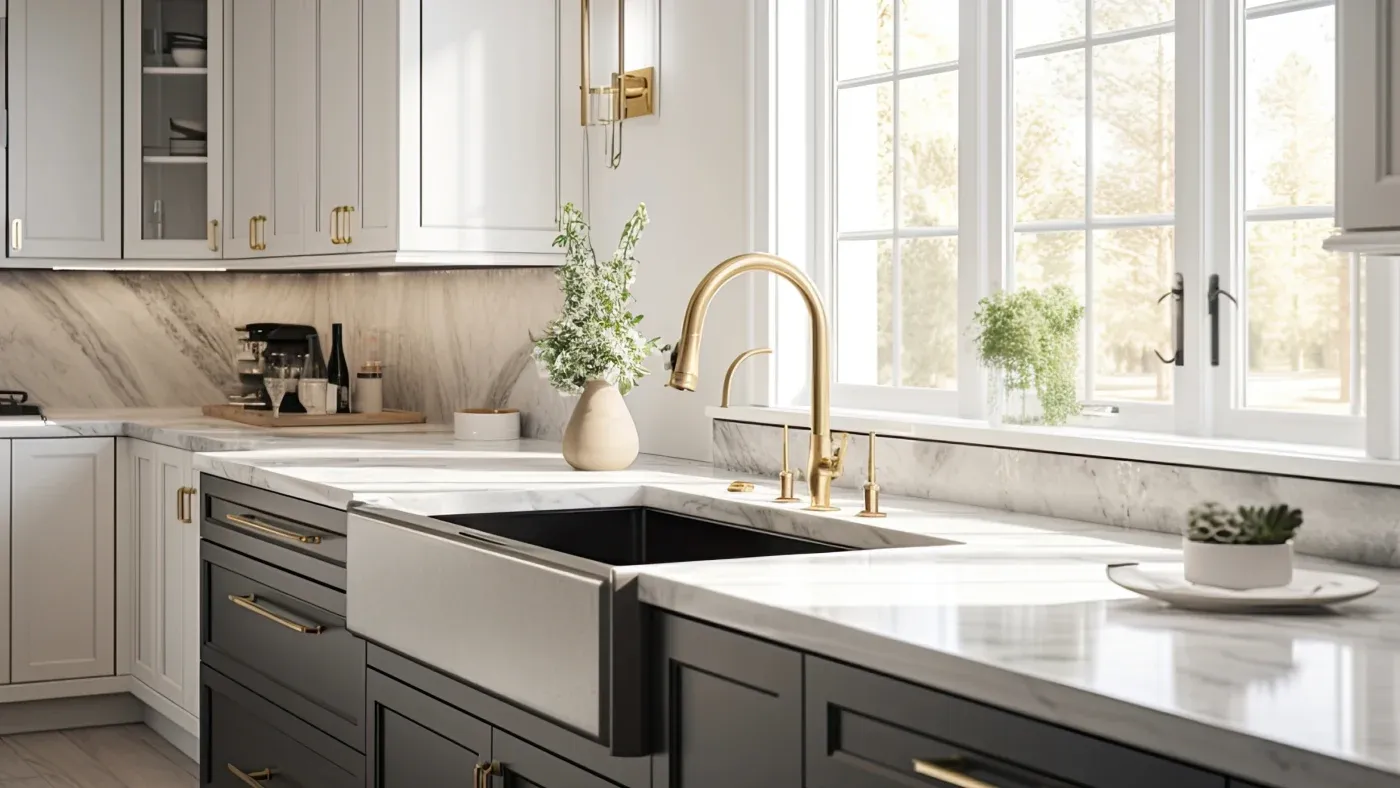 A kitchen with black cabinets, quartz countertops, and a brass faucet