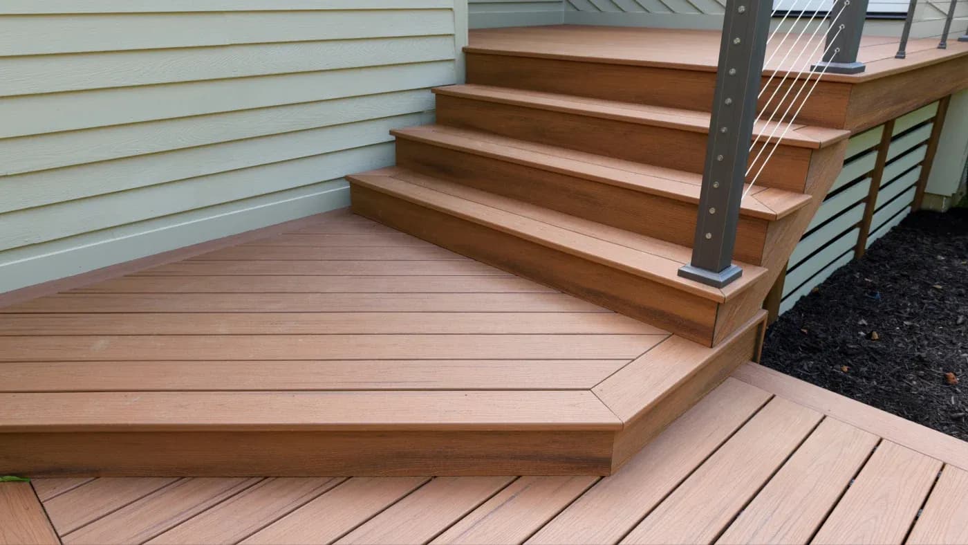 A brown deck with a railing