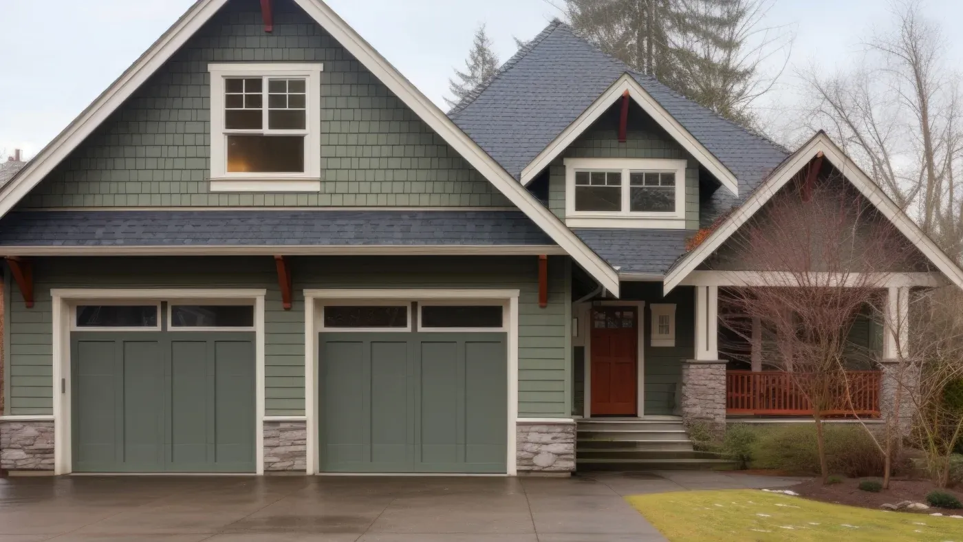 A home with green siding, white trim, and a black roof