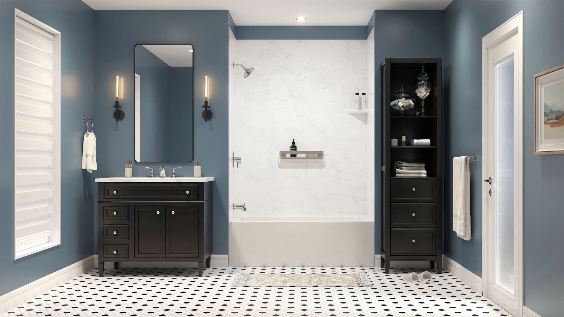 A combination shower bathtub with chrome fixtures and white marbled walls in a gray-blue bathroom with dark cabinets.